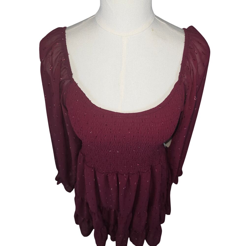 NWT Altar'd State Burgundy Ruffle Dress w/Sheer Balloon Sleeves Shimmer Boho - Picture 2 of 10